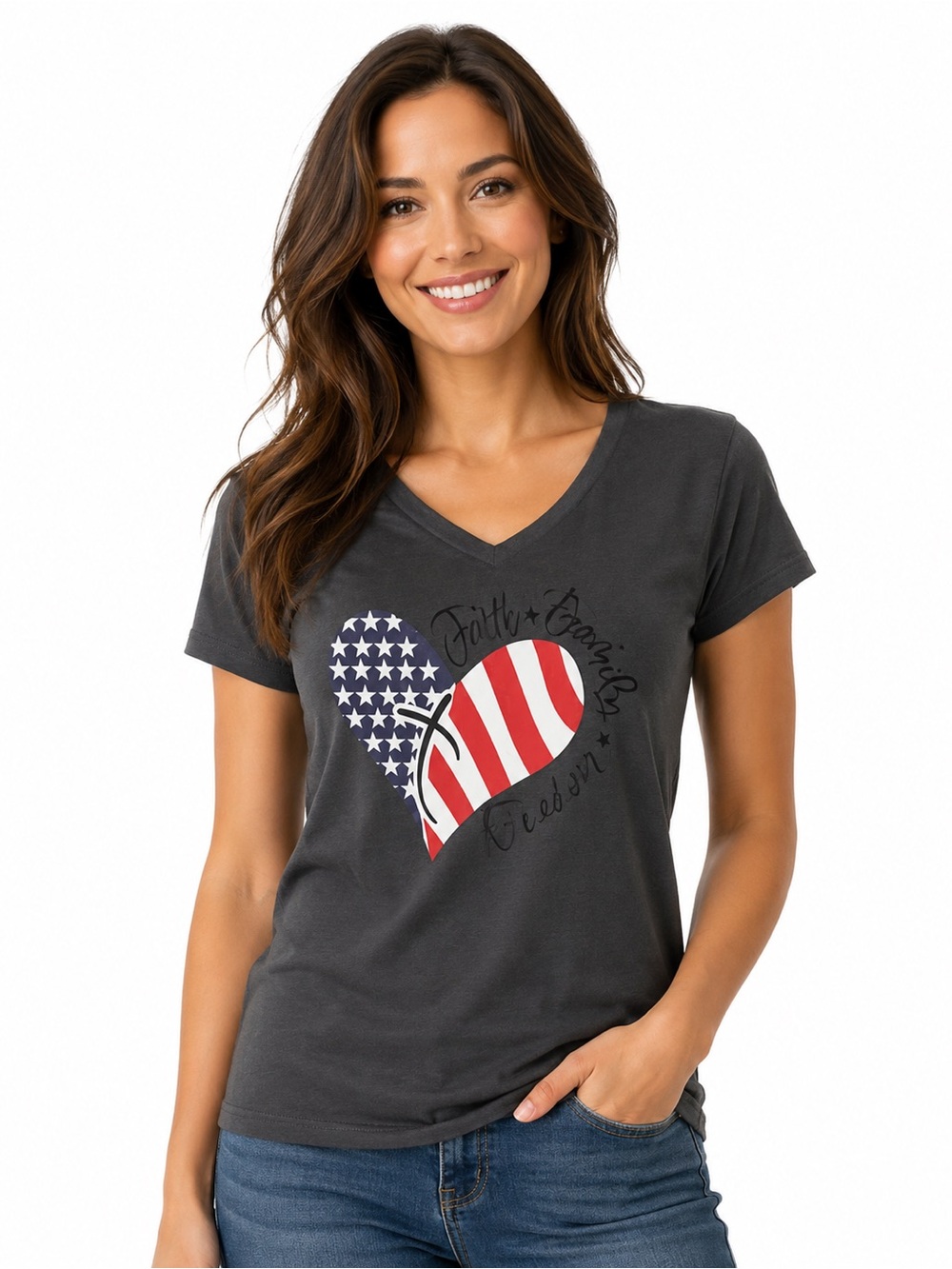 Charcoal V-Neck Graphic Tee with American Flag Heart - 0617